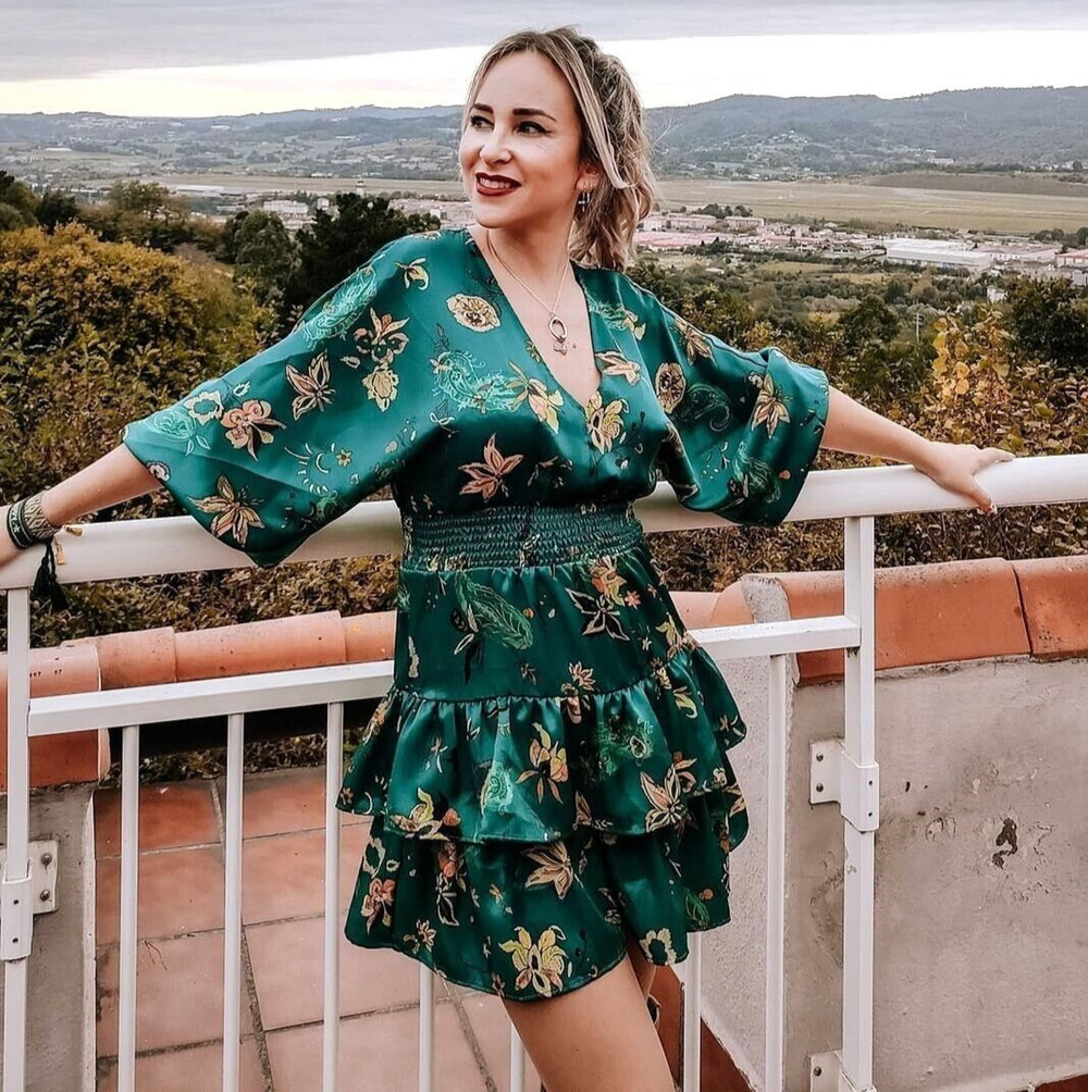 Zara NWT Green Floral Satin V Neck Ruffle Mini Dress S M